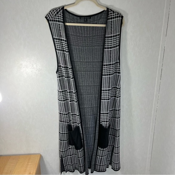 Comp Black Gray and Black Plaid Long Women's Duster Vest Cardigan Pockets - Picture 1 of 4